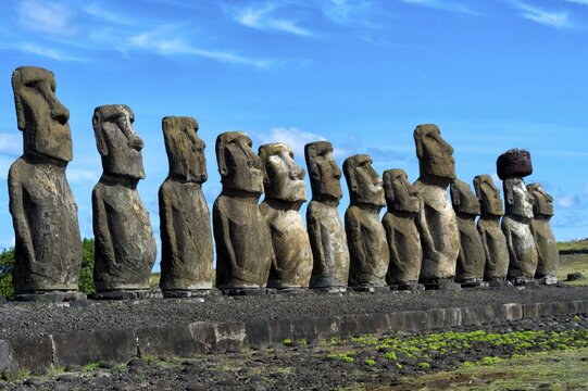 Moais at Ahu Tongariki, Rapa Nui National Park, Unesco World Heritage Site, Easter Island, Chile