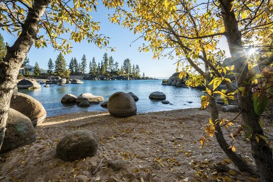 Round stones in turquoise water, Lake Tahoe Bay, Sand Harbor State Park, shore, California, USA