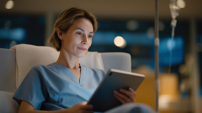 Clinical trial participant sitting in observation room connected to monitoring equipment, nurse recording placebo tablet administration during double blind study, perfect for pharmaceutical