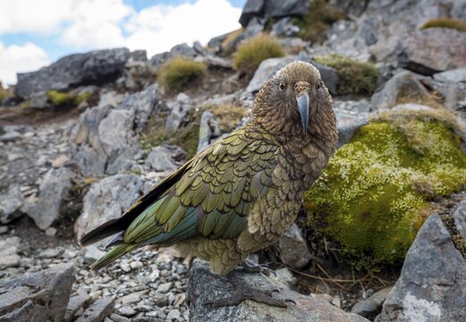 Kea (Nestor notabilis), Kea sitting on rock, Kepler Track, Fiordland National Park, South Island, New Zealand