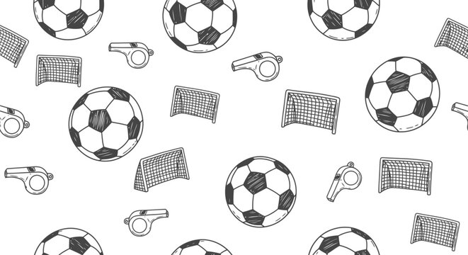 Soccer seamless pattern vector with football balls, goals, and whistles in hand-drawn sketch style