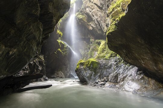 Narrow gorge with waterfall, Wilson Creek, Haast Pass, West Coast, South Island, New Zealand