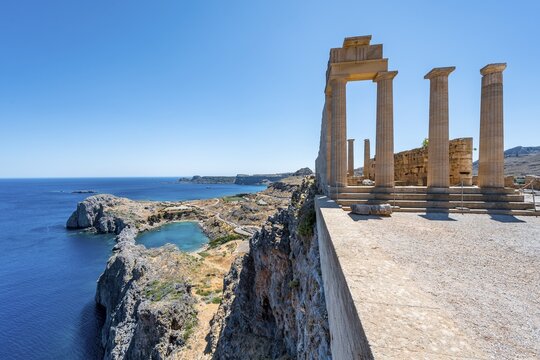 Roman columns, Roman temple, Acropolis of Lindos, back Paulus Bay, Lindos, Rhodes, Dodecanese, Greece