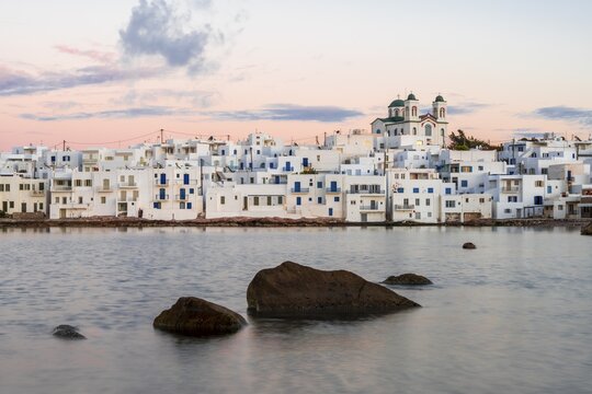 Town view in the evening, Naoussa harbour town, Paros island, Cyclades, Greece