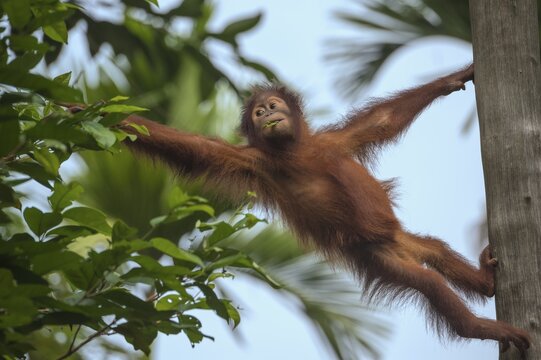 Bornean Orangutan (Pongo pygmaeus), juvenile on a tree, feeding on leaves, Singapore
