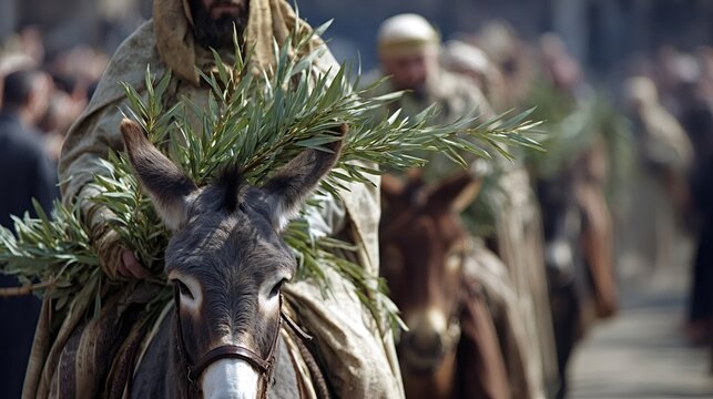 Jesus riding a donkey through a crowd, carrying palm branches in a palm sunday procession reenacting the traditional entry into jerusalem during holy week