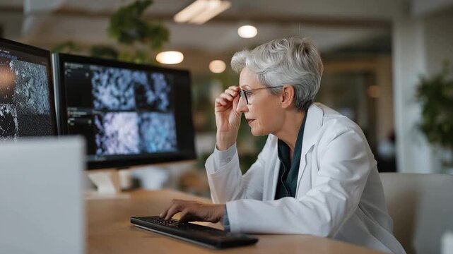 Dermatologist reviewing AI skin lesion classification suggestions alongside dermoscopy images on dual monitors in bright examination room with plants, perfect for diagnostic support technology,