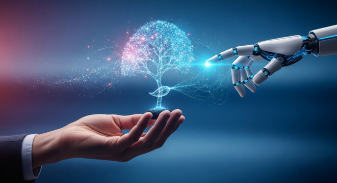 A concept image of a human hand holding a seed that transforms into a digital tree grown by a robotic hand. Symbolizes AI-driven growth, innovation, and future development.
