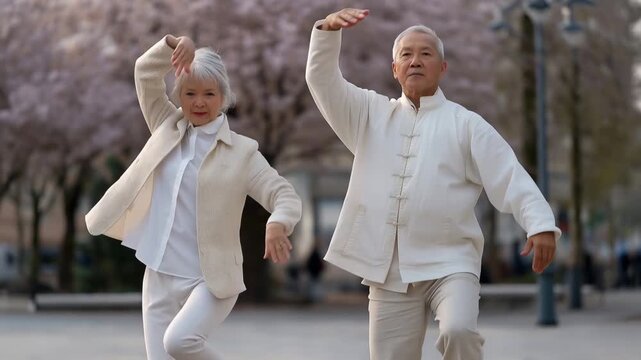 Elderly couple performing synchronized tai chi in blooming cherry blossom park, matching comfortable clothing, morning mist visible, focused breathing, perfect for senior fitness harmony balance