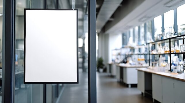Empty white poster frame hanging in a contemporary research laboratory with blurred glassware and equipment, providing space for custom message or branding