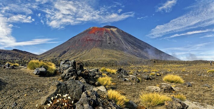Volcanic landscape with the volcano Mt Ngauruhoe, Tongariro Alpine Crossing trail, Manawatu-Wanganui, North Island, New Zealand