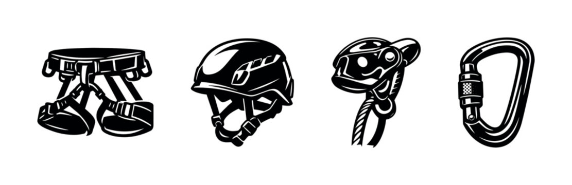 Climbing equipment set vector silhouette, harness, helmet, belay device, carabiner clipart