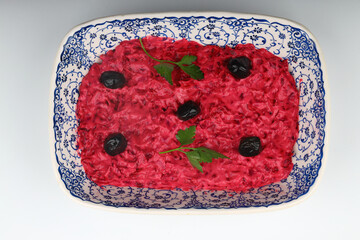 Healthy Beetroot Yogurt Dip with Garlic and Dill in a Bowl