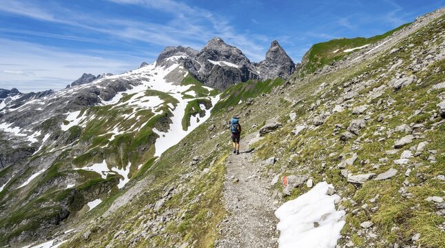 Hiker, mountaineer on hiking trail, in the background old snow fields and rocky peaks of M&auml;delegabel and Trettachspitze, mountain panorama, Heilbronner Weg, Allg&auml;u Alps, Allg&auml;u, Bavaria, Germany