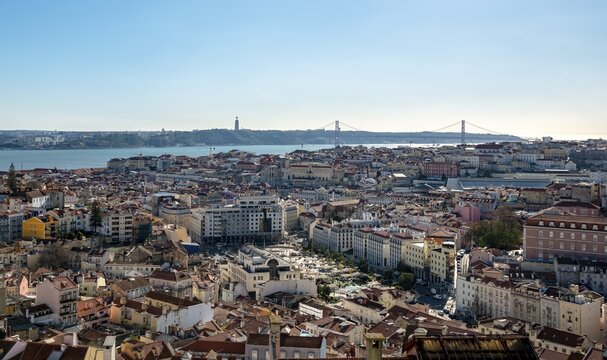View over the city from Miradouro da Nossa Senhora do Monte, with Ponte 25 de Abril, Lisbon, Portugal