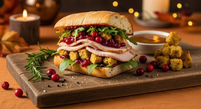 A turkey and cranberry sandwich on a wooden cutting board with a bowl of gravy and stuffing on the side.