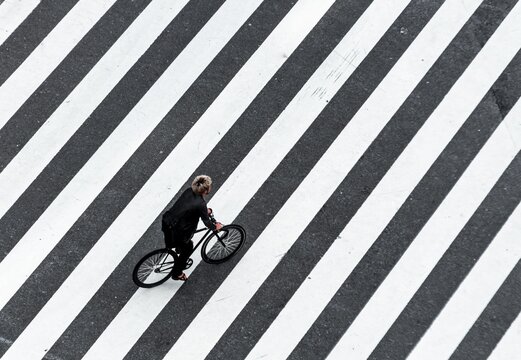 Shibuya Crossing, Single Bicycle Crosses Crosswalk, Shibuya, Udagawacho, Tokyo, Japan