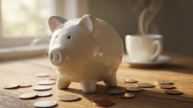 White ceramic piggy bank surrounded by scattered coins on a wooden surface