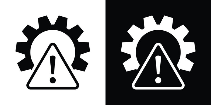 1Technical error and system maintenance icon featuring a gear with a warning triangle exclamation mark. Minimalist black and white vector symbol for troubleshooting, risk, and service alert.