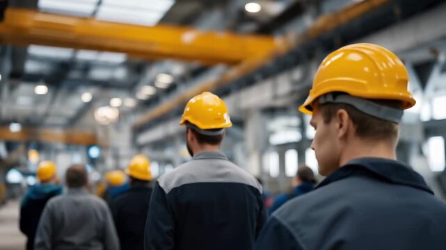 Factory worker crowd gathering for mandatory occupational health assessment, industrial hygienist testing noise levels beside heavy machinery in warehouse setting, perfect for workplace safety