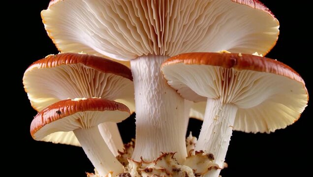 Close-up zoom in on a cluster of vibrant red-capped mushrooms with white stems and detailed gills against a black background
