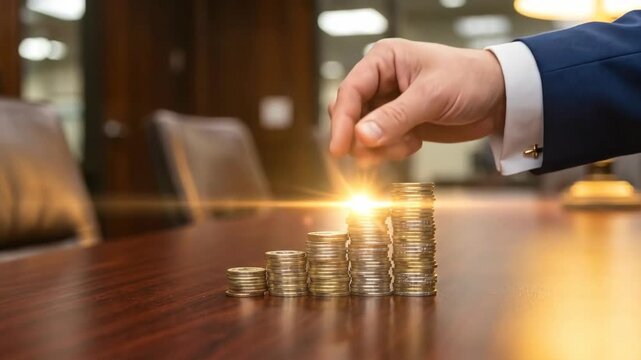 Hand stacking coins in ascending order on a wooden conference table