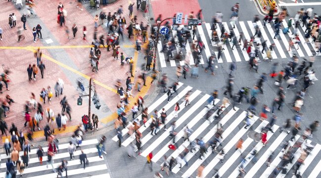 Shibuya crossing, crowds at intersection, many pedestrians cross zebra crossing, blurred, motion, Shibuya, Udagawacho, Tokyo, Japan