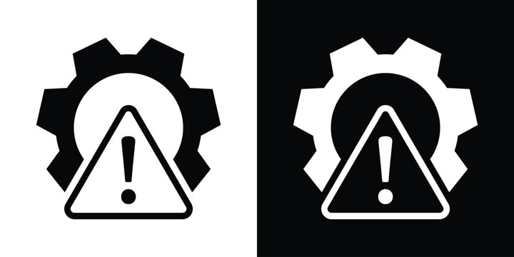 1Technical error and system maintenance icon featuring a gear with a warning triangle exclamation mark. Minimalist black and white vector symbol for troubleshooting, risk, and service alert.