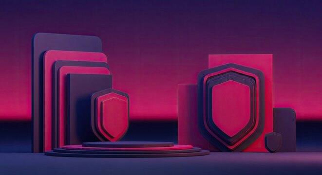 A futuristic display of shields with a vibrant pink and purple gradient background