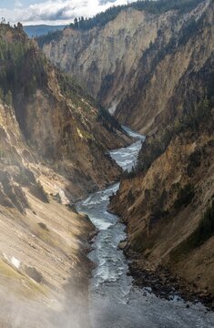 Yellowstone River flows through Gorge, Grand Canyon of the Yellowstone, View from North Rim, Brink of the Lower Falls, Yellowstone National Park, Wyoming, USA