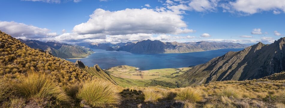 View of lake in mountain landscape, rugged landscape, Lake Hawea, Otago, South Island, New Zealand