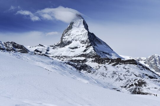 Mt. Matterhorn with a cloud flag in Zermatt, Valais, Switzerland, Europe