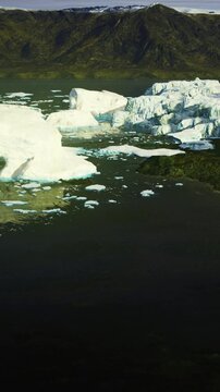 Large icebergs drift in water under a clear sky while green land rises in the background. The scene shows the contrast between ice and vegetation. The time appears to be during daylight.