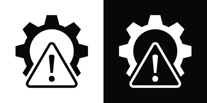 1Technical error and system maintenance icon featuring a gear with a warning triangle exclamation mark. Minimalist black and white vector symbol for troubleshooting, risk, and service alert.