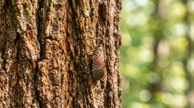 Spotted lanternfly on tree bark close up. Invasive insect species in a forest environment. Macro photography of Lycorma delicatula