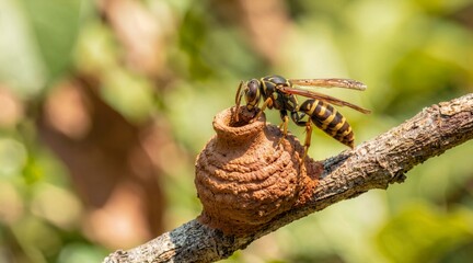 Fototapeta premium Potter wasp building a jug-shaped mud nest on a tree branch. Macro shot of a yellow and black striped insect in nature. Solitary wasp nest construction