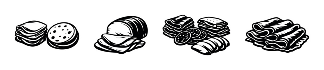 Naklejka na ściany i meble Black and white vector illustration of various sliced and whole meat cuts in silhouette style