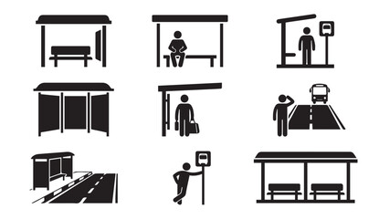 Common bus stop activities and features illustrated in black and white icons © Vector Galaxy