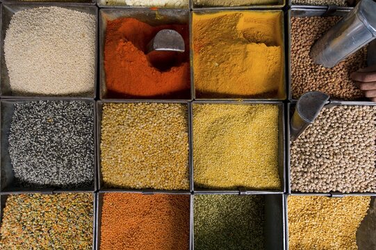 Various spices and lentils at a market, Jodhpur, Rajasthan, India