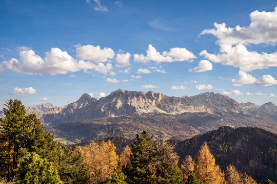 Panorama from Passo delle Erbe: Sasso della Croce and Lavarella in Autumn.