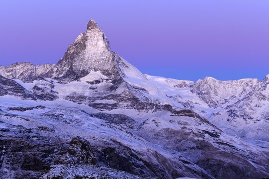 The Matterhorn at twilight, Zermatt, Valais, Switzerland, Europe