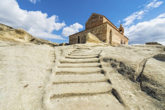 Stairs leading to 10th century Christian Prince's basilica, Uplistsikhe cave city known as Lord's fortress, Gori, Shida Kartli district, Georgia