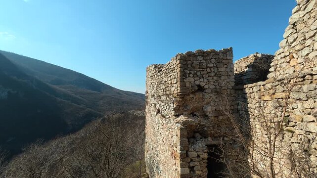 Slow Pan from Medieval Tower to Surrounding Hills &ndash; Fortress. Ozren Mountain, Soko Grad. Balkans, Serbia.