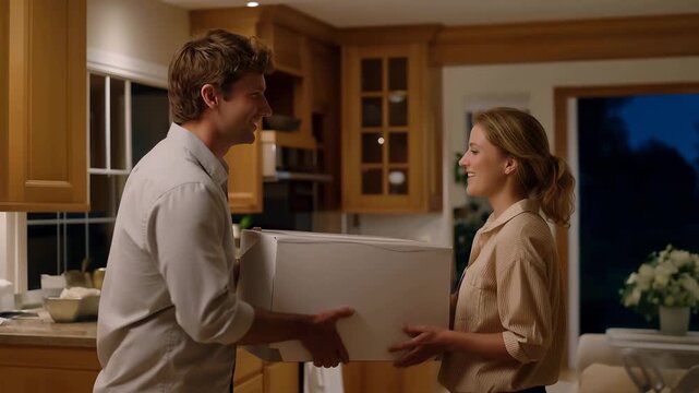 In a domestic setting, professional workers are seen carrying a heavy modern refrigerator across the kitchen floor, emphasizing reliability and professional service. cinematic color correction,