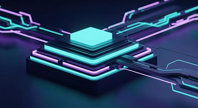 A futuristic depiction of a high-tech computer processor with glowing circuits.