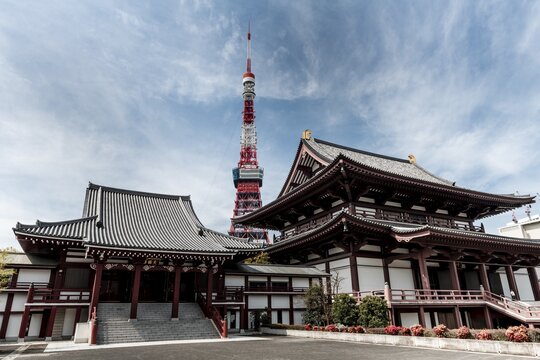 Tokyo Tower behind Koshoden and Zōjōji Temple, Buddhist Temple, Tokyo, Japan