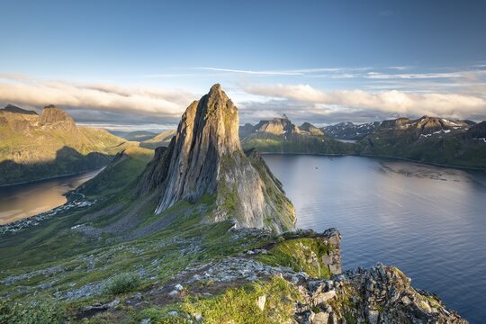 Steep mountain Segla, fjord Mefjorden with mountains, island Senja, Troms, Norway
