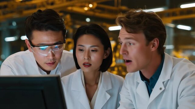 Laboratory setting with scientists monitoring radiation levels on digital screens, focused expressions conveying responsibility, research, and technological oversight. cinematic color correction,