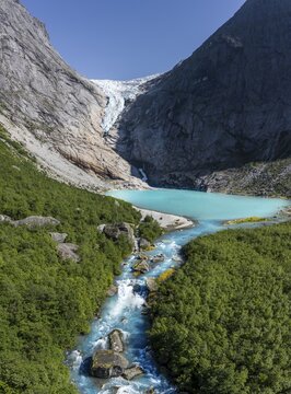 Aerial view, Briksdalselva River, Briksdalsbreen, Briksdal Glacier, Briksdal, Norway