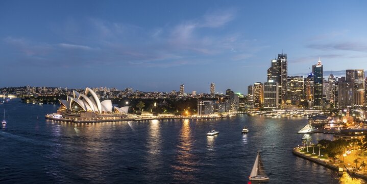 Circular Quay and The Rocks at dusk, skyline with Sydney Opera House, Opera, Financial District, Banking District, Sydney, New South Wales, Australia